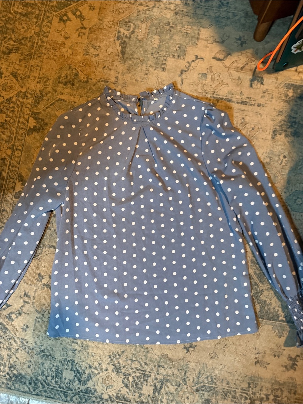 SHEIN Blue Polka Dot Ruffle Neck Long-Sleeve Blouse